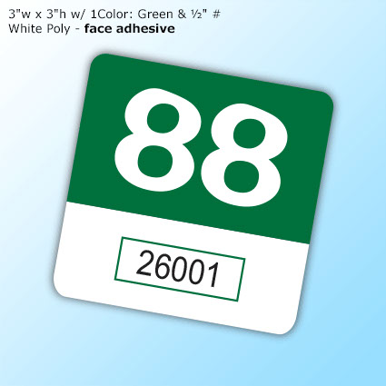EconoQuick Decals - 3"w x 3"h w/ 1 color: Green & ½" #. White Poly - face adhesive EconoQuick Decals - 3"w x 3"h w/ 1 color: Green & ½" #. White Poly - face adhesive