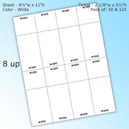 RediPerf Tickets - 8 up. Sheet - 8½"w x 11"h. Color - White. Ticket - 2 1/8"w x 5½"h. Pack of 50 & 125.