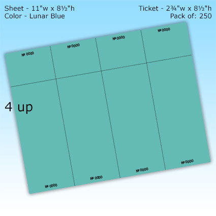 RediPerf Tickets - 4 up. Sheet - 11"w x 8½"h. Color - Lunar Blue. Ticket - 2¾"w x 8½"h. Pack of 250.