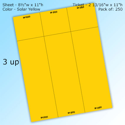 RediPerf Tickets - 3 up. Sheet - 8½"w x 11"h. Color Solar - Yellow. Ticket - 2 13/16"w x 11"h. Pack of 250.