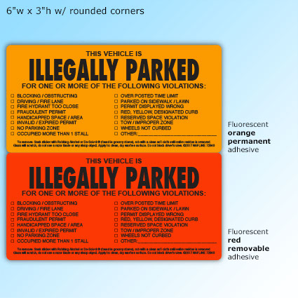Warning Stickers - 6"w x 3"h w/ rounded corners. Stock options: fluorescent red removable or fluorescent orange permanent adhesives Warning Stickers - 6"w x 3"h w/ rounded corners. Stock options: fluorescent red removable or fluorescent orange permanent adhesives