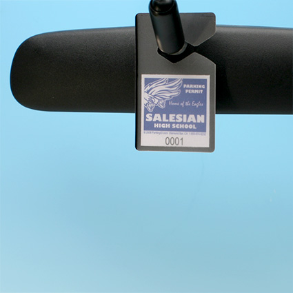 LamiTag (TM) Colored - clear top & black bottom sheets - sealed & on rear view mirror