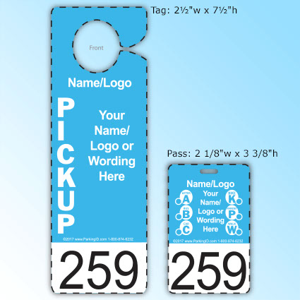 Parent Pick-Up Tag & Pass - Screen Printed. Tag: 2½"w x 6¾"h. Pass: 2¼"w x 3⅜"h. Parent Pick-Up Tag & Pass - Screen Printed. Tag: 2½"w x 6¾"h. Pass: 2¼"w x 3⅜"h.