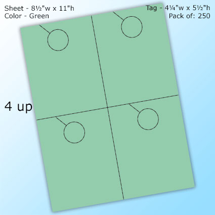 RediPerf Tags - 4 up. Sheet - 8½"w x 11"h. Color - Green. Tag - 4¼"w x 5½"h. Pack of 250. RediPerf Tags - 4 up. Sheet - 8½"w x 11"h. Color - Green. Tag - 4¼"w x 5½"h. Pack of 250.